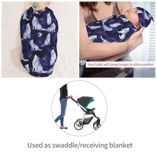 Image of Grey Wolves and Moon Newborn Swaddle Blankets Hat Sets Soft Baby Receiving Blanket Swaddle Sack for Baby Shower Infant Boy Girl Gift