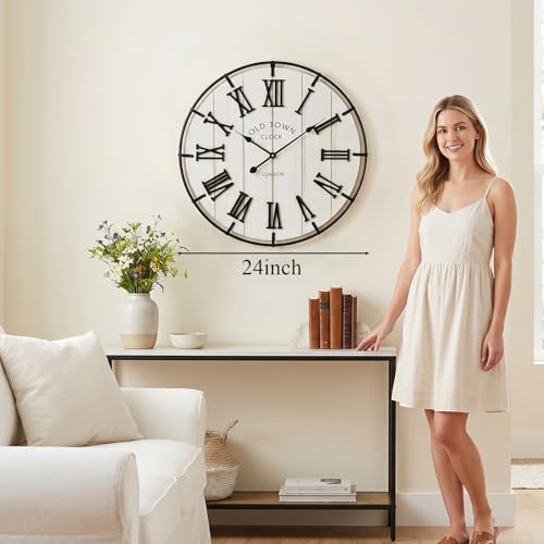 Image of EMAX HOMELarge 24 Inch Farmhouse Style Wall Clock, Distressed Wood Look, Non-Ticking Quartz Movement, Classic Black Roman Numerals and Metal Frame, for Living Room Wall, Bedroom