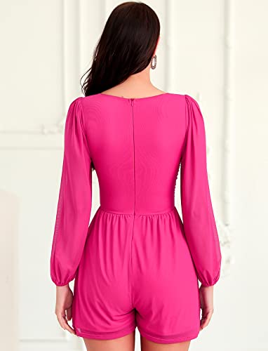 Fantoye Women's Rompers Ruched Lantern Long Sleeve One Piece Outfit Solid Square Neck Shorts Jumpsuit Fuchsia Large #TOP3