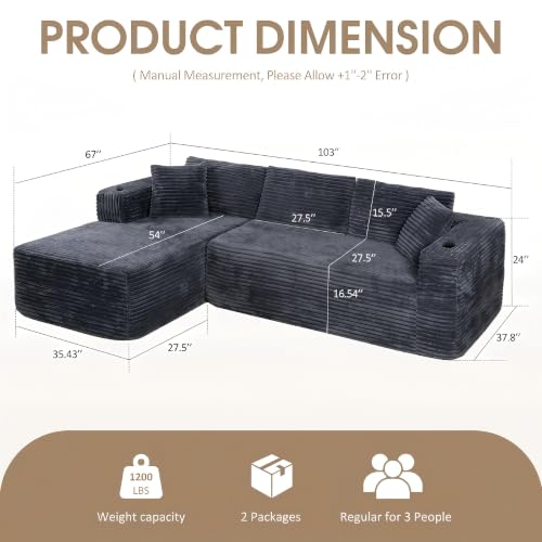 Image of 103 inch Modular Boneless Couches,Sectional Sofa for Living Room with 2 Cup Holders,Memory Foam Cloud Couch with L Shaped Oversized Chaise,No Assembly Needed Plush Corduroy Sofa,Dark Gray