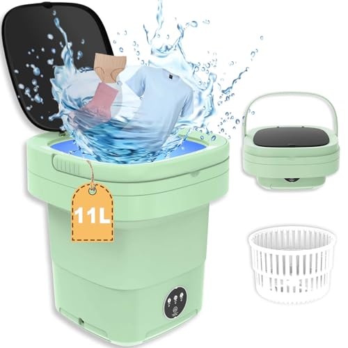 Portable Washing Machine, 11L 2 in 1 Large Intelligent Laundry Mini Washing Machine Foldable washer with Drain Basket washer for Baby Clothes, Underwear, Apartment, Camping, RV, Gifts, Travel （Green）