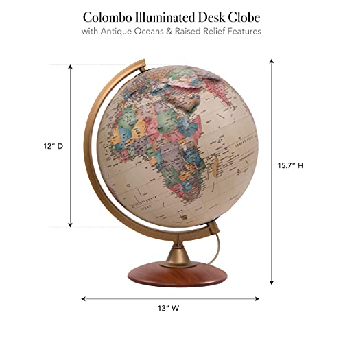 Waypoint Geographic Colombo Relief Globe, 12" Illuminated Antique Ocean-Style World Globe With Raised Relief, Up-To-Date Reference Globe, Decorative Globe For Home And Office Decor #TOP2