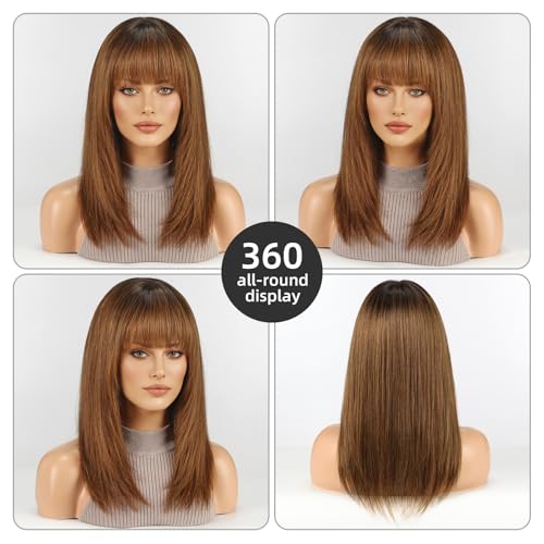 Image of 16 Inch Ombre Brown Human Hair Wig, Human Hair Wig With Bangs, Real Hair Wigs For Women, real human hair wigs
