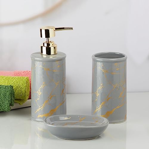 Image of SaSaSa Ceramic Bathroom Set of 3 Modern Bath Accessories Kit with Soap Dispenser, Toothbrush Holder & Dish - Stylish & Elegant Bathroom Decor, Grey /Gold (9730)