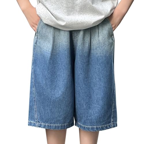 Boys Knee Length Jean Shorts Cute Gradient Denim Pants Elastic Waist Baggy Jeans Y2K Streetwear Teens Summer Clothes