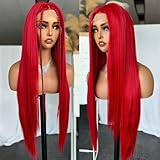 SOKU 13x6 Red Lace Front Wigs Pre Plucked 32 Inch Long Straight Synthetic Wigs with Baby Hair HD Transparent Lace Hair Glueless Free Part Silky Straight Wig for Women Heat Resistant