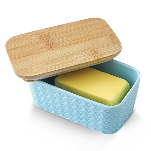 Hasense Farmhouse Butter Dish With Lid For Countertop, Butter Keeper & Holder, Butter Container For Fridge With Wooden Freshness Seal, Enhance Kitchen Decor, Holds Two Sticks Of Butter, Turquoise #TOP27