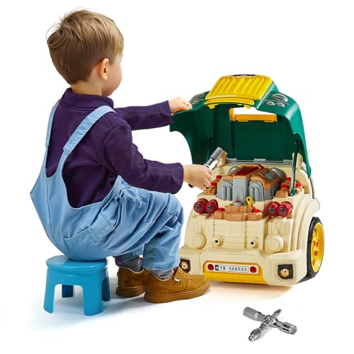 VEVOR Juguete de Motor, 60 PCS Juego de Reparación de Coches de Niños con Piezas Desmontables, Luces y Sonidos, Volante y Bocina, Juego de Taller Mecánico para Niños de 3 Años en Adelante, Verde