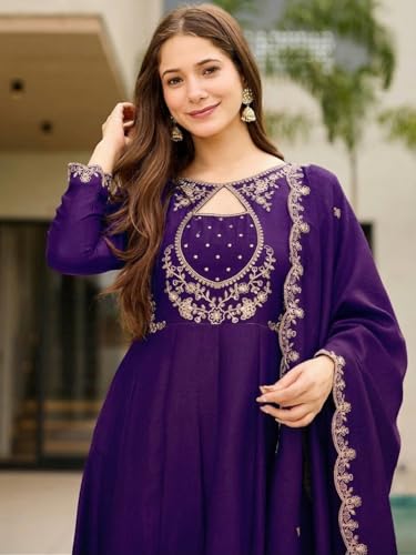 Image of Women's Vichitra Silk Anarkali Kurta Set with Dupatta | Embroidered Kurta Set for Women | Rust Orange Wedding & Festive Ethnic Dress