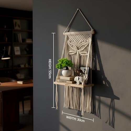 Image of Macrame Wall Hanging Shelf with Adhesive Wall Hook Boho Butterfly Hand-Woven Floating Shelf for Wall Decor Plant Holder Storage for Living Room, Pooja Room Nursery