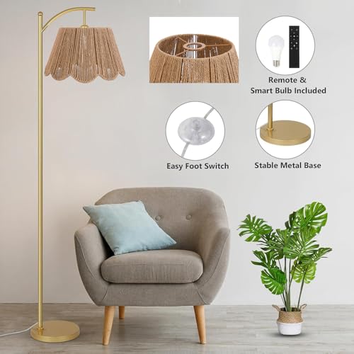 Image of Arc Floor Lamp for Living Room with Remote Control，Rattan Boho Floor Lamp with Hand-Woven Wicker Shade, Foot Switch, Gold /Silvery Metal Base & Pole,Standing Lamp for Bedroom (Gold&Paper Rope)