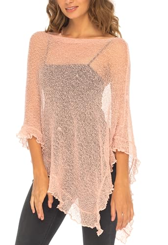 Image of SHU-SHI Women's Sheer Knit Poncho Shrug Lightweight Asymmetrical Ruffle Wrap Dressy Summer Shawl Cover Up Top