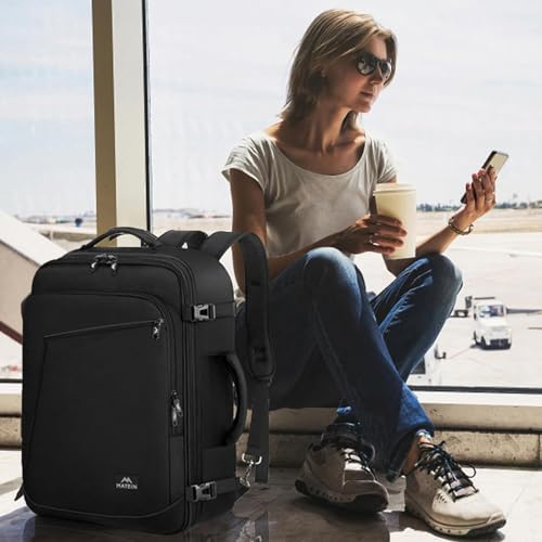 MATEIN 50L Groß Reiserucksack Handgepäck für Flugzeug 55x35x25cm Air France Rucksack Herren Erweiterbar Arbeitsrucksack Wasserabweisend Carry-On Damen Cabin Bag Tagesrucksack für Bussiness, Schwarz