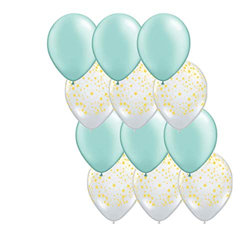 Andaz Press 11-inch Latex Balloon Duo Party Kit with Gold Cards & Gifts Sign, Mint Green and Clear with Gold Stars, 12-pk