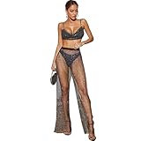 Women Crystal Rhinestone Mesh Pants Hollow Out Fishnet Leggings Rave Party Festival Club Trousers Beach Cover Up (Black)