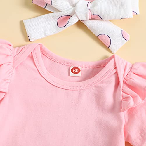 Newborn Baby Girl Easter Outfit Solid Long Sleeve Romper Top 3D Bunny Suspender Skirt Rabbit Dress Headband Clothes（Pank-Short Sleeve,6-9 Months） #TOP2