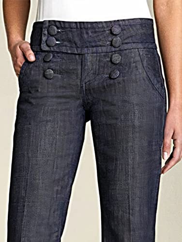 Flamingals Women’s Jeans Solid Double Breasted Pocket Straight Leg Jeans Dark Blue S #TOP3