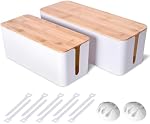 2 Boîte de gestion de gros câbles – Boîte Organisateur de cordon de style en bois et couverture pour TV Fils, ordinateur, routeur, USB Hub et sous le bureau Power Strip – En sécurité ABS Verrouillage de la preuve du matériel et des bébés (blanc)