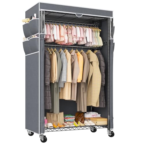 Raybee Clothes Rack with Cover and Wheels,Heavy Duty Clothing Racks for Hanging Clothes Adjustable, Rolling Portable Closet, 35.5″ W*15.7″ D*79 “H Black