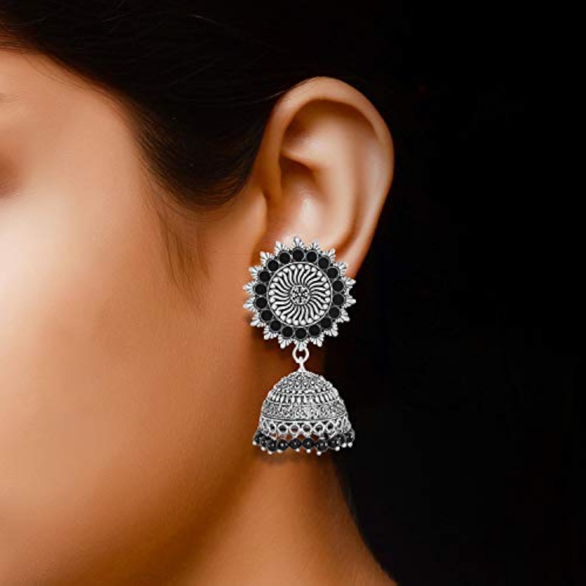 Desire Collection Silver Oxidized Jhumka Earrings & Ring Combo, Black