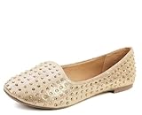 Breckelle's New Ladies Gold Leatherette Embellished Round Toe Slip on Ballerina Flats Shoes with Studs