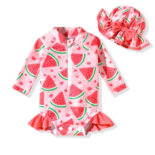 Image of Aalizzwell Baby Girls Long Sleeve One Piece Swimsuit with Hat