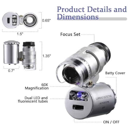 Uadme Mini Microscope, 60x Pocket Microscope Magnifier with LED UV Light, Portable Jewelry Loupe - Image 2