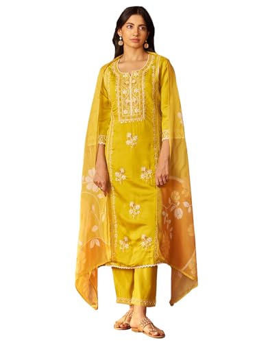 Image of INDO ERA Women's Straight Silk Blend Ethnic Motifs Printed Embroidered Kurta & Pant with Dupatta Set (IESTR11066)