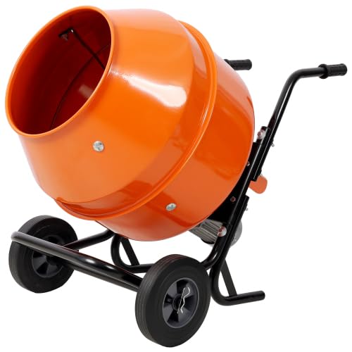 Orange wheelbarrow-style portable cement mixer with a large drum — the only powered pick in this set