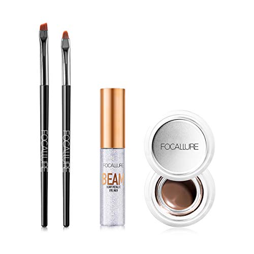 FOCALLUREÂ Eyeliner Cream + Glitter Liner Set, Waterproof Long Lasting Liquid Liner with Eyeshadow & Eyebrow Sculpts, Defines Natural Shimmer Makeup, 2 Pcs, Dark Chocolate & Party, FA46-135-52