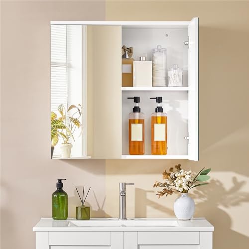 Miniatura 2 de Yaheetech Armario De Baño Con Espejo Armario Colgante De Pared Con 2 Puertas Y Estante Ajustable Moderno Para Dormitorio Salón 63x15x60 Cm Blanco