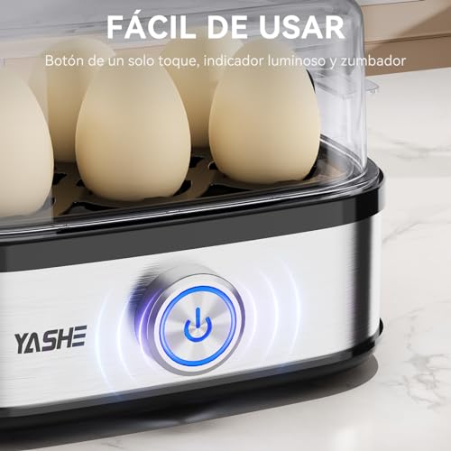 YASHE Cocedor de Huevos, 400 W Cocedor huevos multifuncional, 6 huevos fáciles de pelar, huevos blandos, medianos, duros, pochados, fabricante de tortillas, vaporera, zumbador, luz indicadora - imagen 5