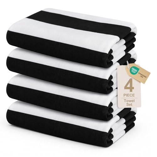 Touchat 4 Pack Beach Towels Oversized 30 x 60 Microfiber Pool Swim Bath Camping Travel Cabana Stripe Quick-Dry Super Absorbent Lightweight Sand Free Towel for Adults Multi-FunctionalBlack