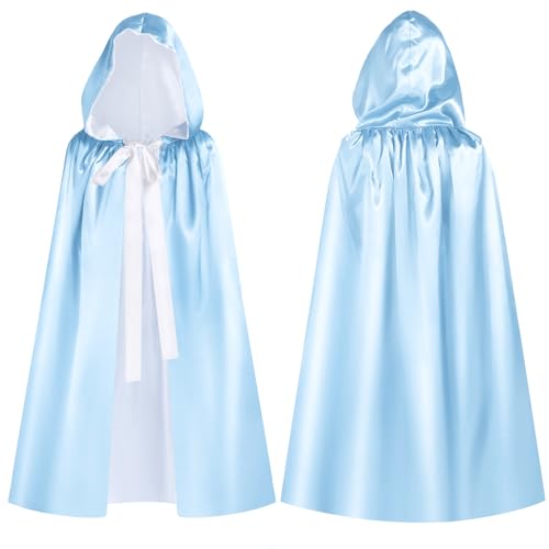 Haysandy Blue Fairy Hooded Cloak Costume Polyester Cape Cosplay Cloak Princess Costume with Pink Ribbon for Women(Blue White 4.9 ft)