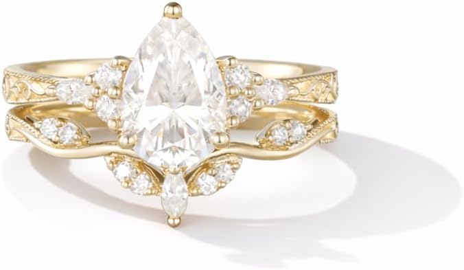 Pear Cluster Moissanite Bridal Wedding Ring Set Yellow Gold Twisted Engraved Band Art Deco Engagement Women Jewelry Birthday Gift For Wife