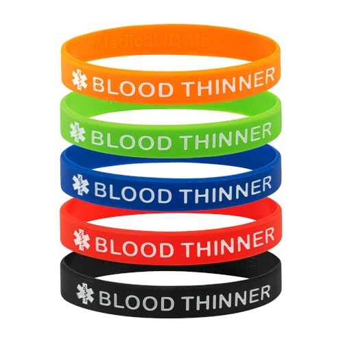Blood Thinner Medical Alert Wristbands Pack of 5 Silicone Bracelets 18-21cm (X Large 21cm)