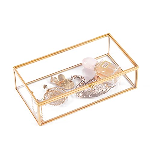 Cuwmpl Golden Glass Jewelry Keepsake Box Vintage Glass Jewelry Organizer, Brass Large Clear Rectangle Box, Decorative Boxes, 8"X4.5"X2" #TOP1
