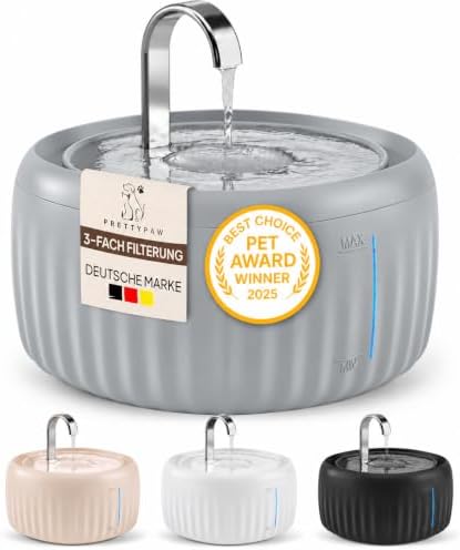 Pretty Paw Katzenbrunnen 3L mit leiser Pumpe, Grau - Aqua Flow | BPA-frei, LED-Wasserstandsanzeige, Aktivkohlefilter, leicht zu reinigen, Wasserbrunnen für Katzen, mit Kabel