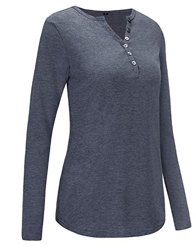 OUGES Womens Long Sleeve V-Neck Button Causal Tops Blouse T Shirt(Blue Purple,M)