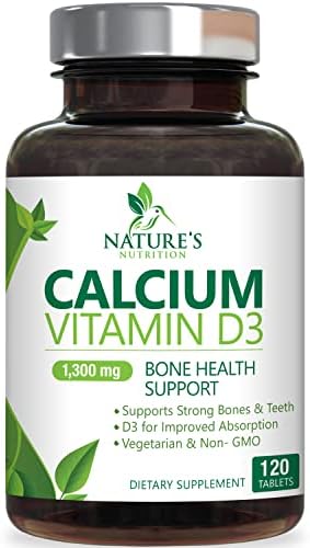 Nature's Calcium 1300mg Plus 800 IU Vitamin D3, Immune Support & Bone Health Support, Supports Bone Strength - Calcium Carbonate 1200 mg - Dietary Nutrition Supplement, Non-GMO - 120 Tablets