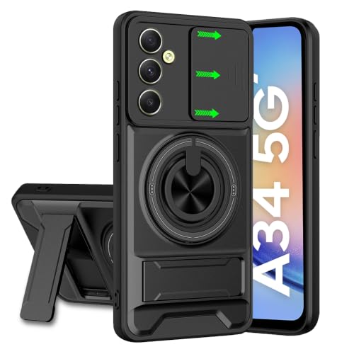 Image of Samsung A34 5G Back Cover | Armor Camera Slider 360 Degree Rotating Finger Ring Holder Case with Bracket Stand Back Case Cover (Compatible with MagSafe Accessories) (Black)