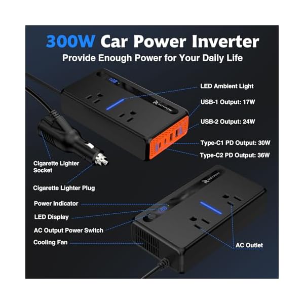 RoyPow 300W Car Power Inverter, DC 12V to 110V AC Power Inverter with Cigarette Lighter Socket, Car Plug Adapter Outlet with 3.4A USB-A, QC3.0 24W, PD 30W, PD 36W, Dual AC Outlets, Car Charger Adapter