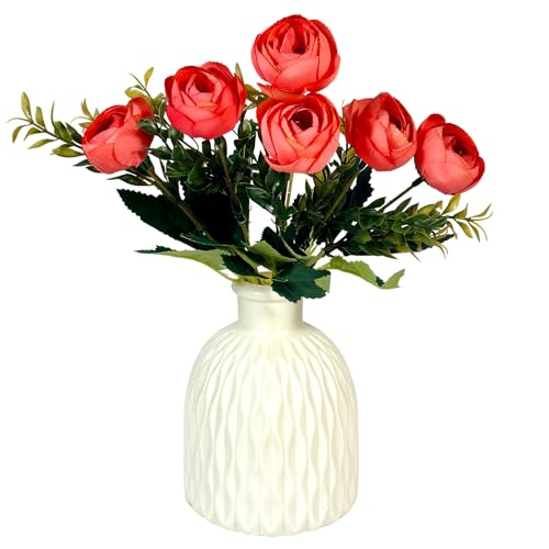 Image of Dekorly Faux Silk, Plastic Artificial Peony Flowers Bunch | White Vase with Flowers Bunch | Artificial Plants for Home Office Hotel Decor | Bedroom Living Room Bathroom Decor (Peach, Height : 30CM)