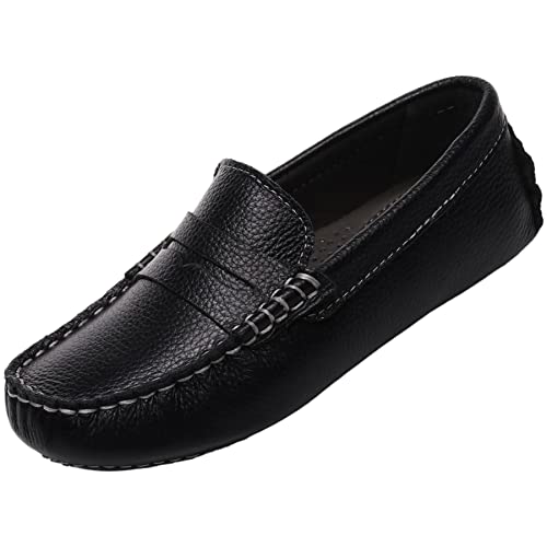 rismart Crianças Couro Casual Mocassins por Menino Menina Slip on Plano Preto,34 EU-2.5