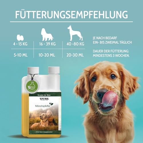 TJURE Mönchspfeffer Liquid für Hunde | 500 ml | Ergänzungsfuttermittel für Hunde mit Mönchspfeffer | Pflanzliche Rezeptur zur Unterstützung in besonderen Phasen | Made in Germany