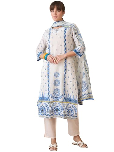 Image of INDO ERA Women's Pure Cotton Straight Ethnic Motifs Printed Inches Kurta With Pant with Dupatta Set (IESTR9762)