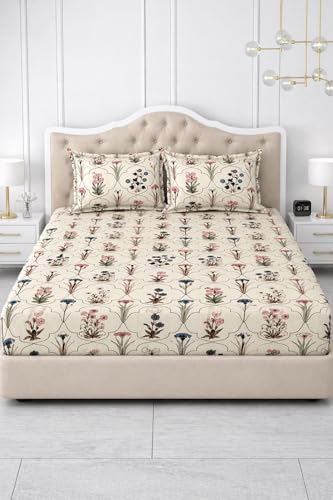 Image of 300 TC Cotton Feel Glace Cotton Elastic Fitted Bedsheet for King Size Double Bed | Fits up to 8 Inch Mattress | Printed Bedsheet with 2 Pillow Covers (Auralia, Double Size - 72 inchx72 inch)