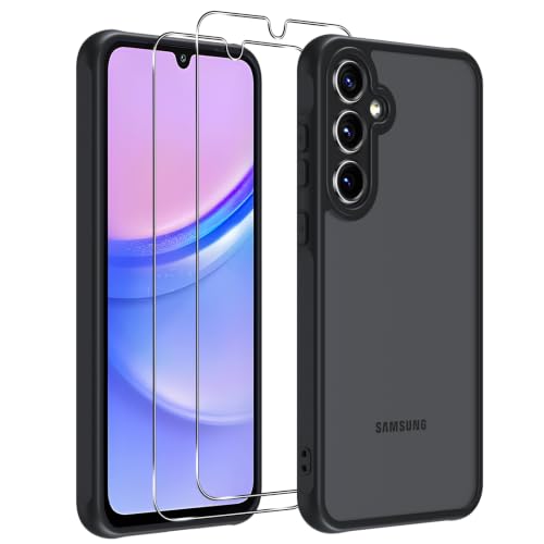 Vauki Matt Handyhülle für Samsung Galaxy A15 4G/5G Hülle mit 2 Stück Schutzfolie Transluzente Militärstandard Stoßfest PC Härte Rückseite Anti-Fingerabdruck Schutzhülle Case mit Kameraschutz Schwarz