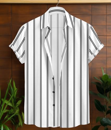 Image of Vertical Striped Short Sleeve Casual Shirt for Men, Stratchable 100% Spandex Material,Black and White