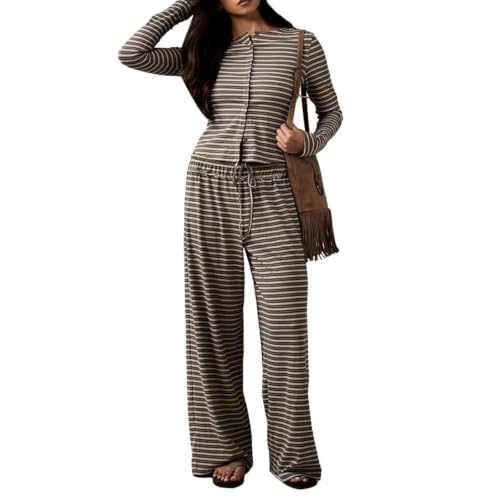Conjunto de dos piezas para mujer con top de manga larga abotonado y pantalón fluido de otoño